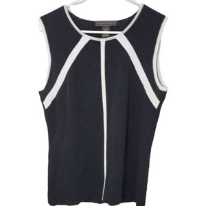 Linda Matthews Large Knit Sleeveless Top Black with White Trim